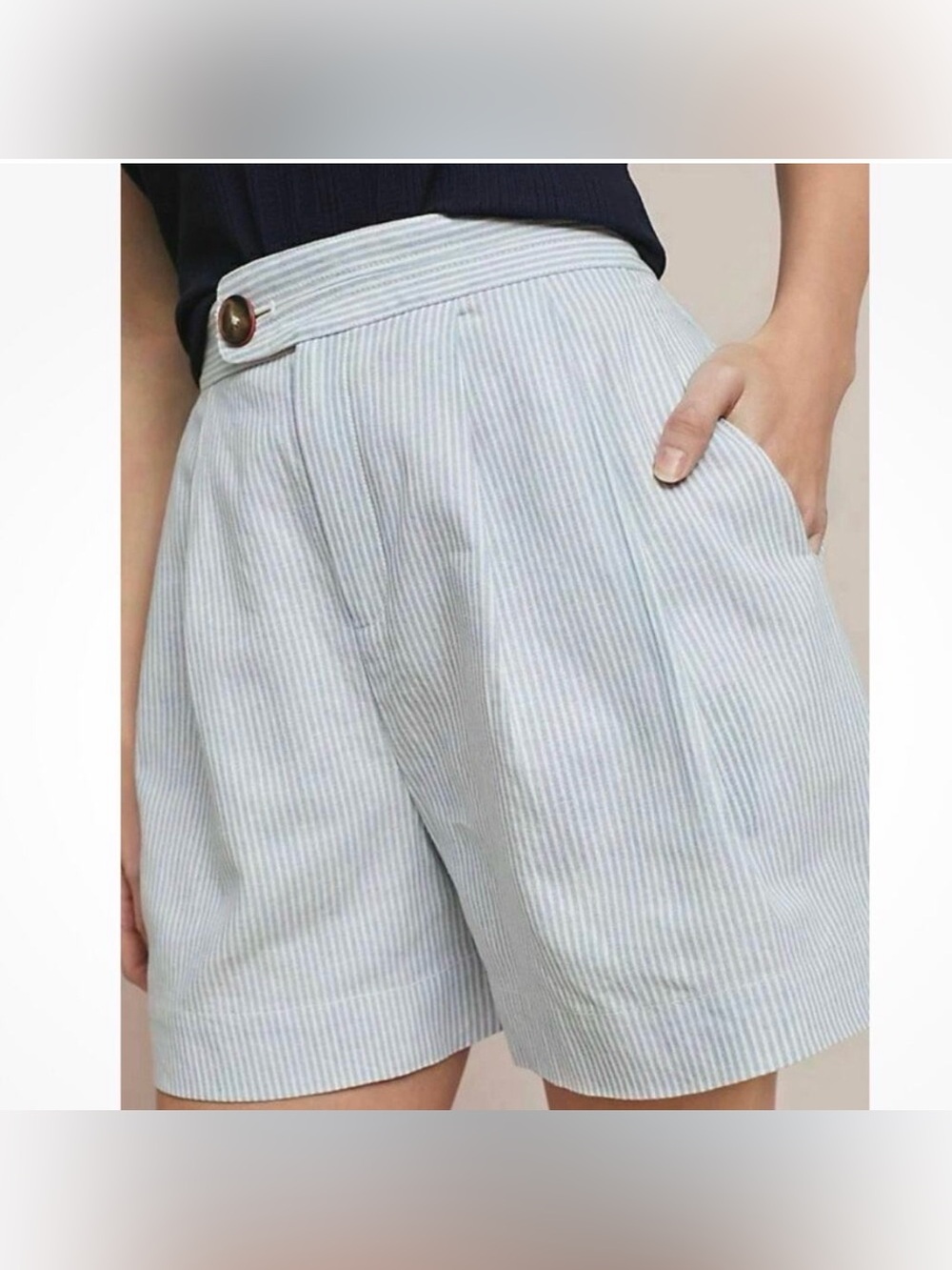 Anthropologie blue and white striped seersucker linen blend shorts